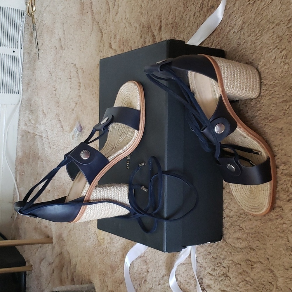 Rag & Bone Eden heeled lace up ankle sandal in navy blue, women's size 8.5